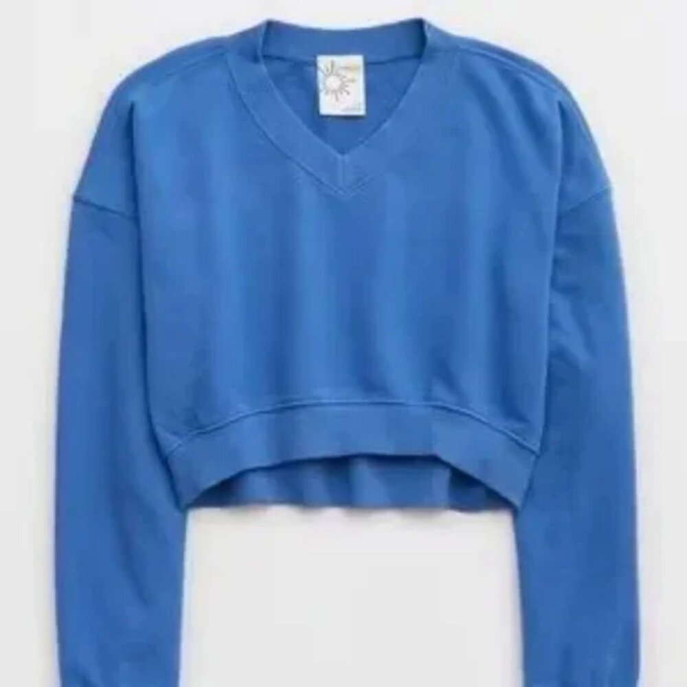 VGUC Offline by Aerie Throwback Cropped V-Neck Sweatshirt Cobalt Blue Size Med